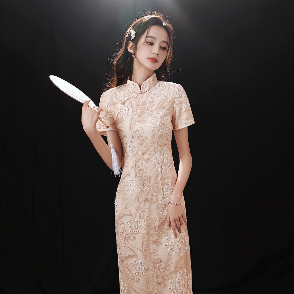 Đầm Sườn Xám Cách Tân Tay Ngắn Dáng Ôm Vải Mềm Thêu Ren Kiểu Vintage Thời Trang 2023 Cho Bạn Gái Size S-3XL