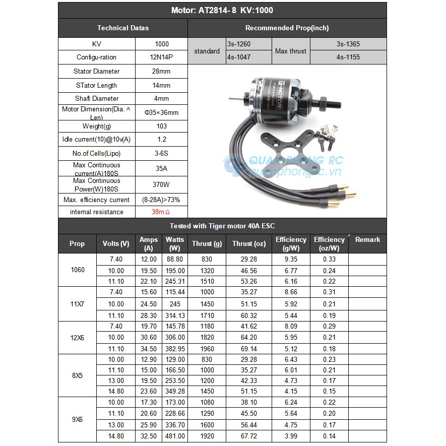 Động cơ T-Motor AT2814 KV1000 brushless Motor 3-6S
