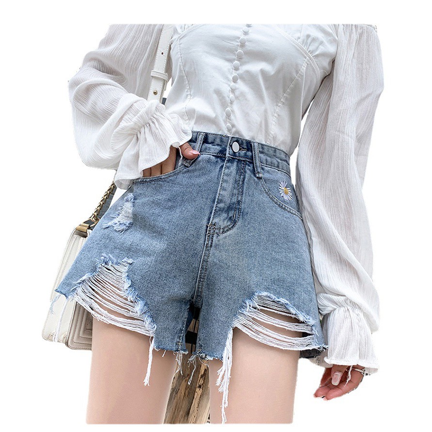 Denim Shorts Women's Summer New Korean Style High Waist Slimming and Wide Leg Raw Hem Jeans