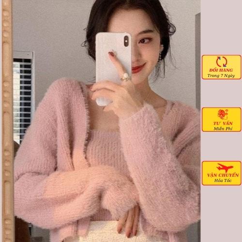 Set áo cardigan len nữ lông thỏ kèm áo 2 dây ulzzang Hàn Quốc mùa thu đông