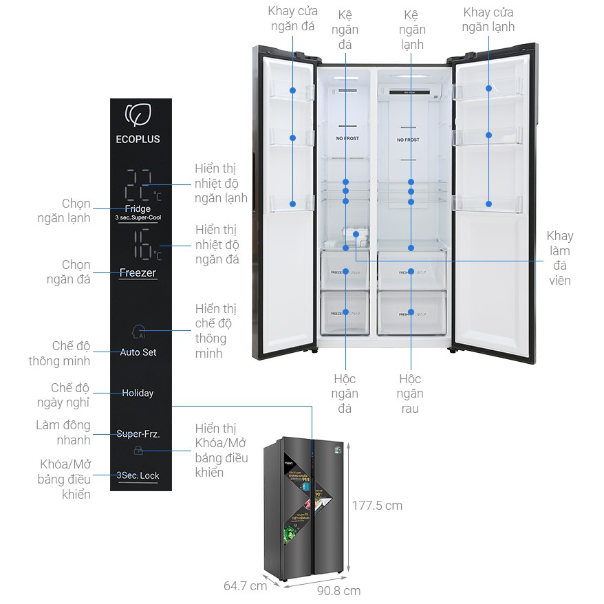 [Mã ELHA10 giảm 6% đơn 5TR] Tủ lạnh Aqua 2 cửa màu đen 570/541 lít AQR-S541XA.BL