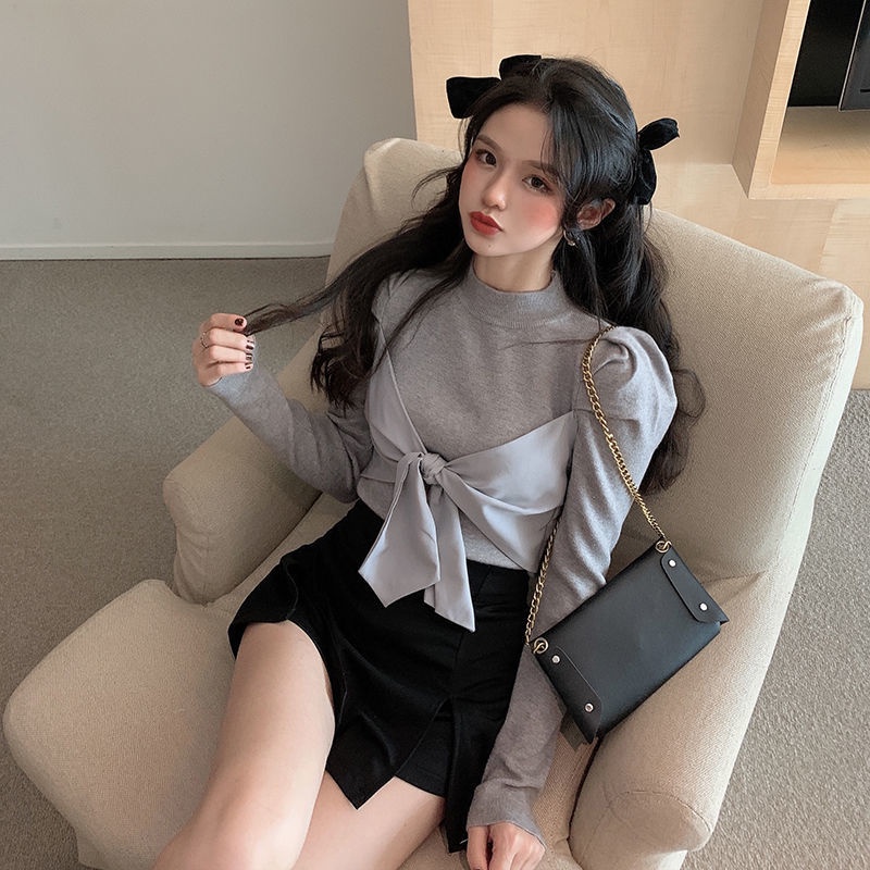 Áo thun COZOK tay dài phối nơ thiết kế mỏng đa năng thời trang