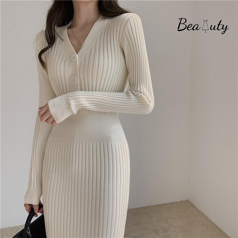 Đầm len MURIOKI dài cổ chữ V dáng ôm thời trang mùa thu 2022 mới mẻ thanh lịch cho nữ