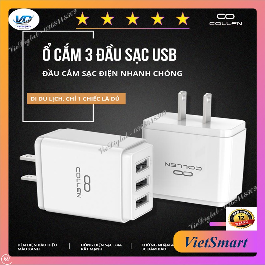 Củ Sạc Nhanh 3.4A 3 Cổng 3 Chân Cắm USB Collen Đa Năng Cho Điện Thoại [bảo hành 6 tháng, lỗi 1 đổi 1 trong 30 ngày]