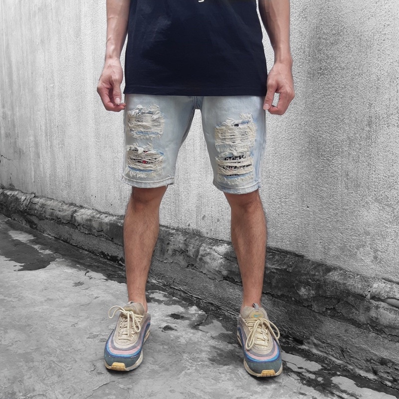 Quần Jeans Short Ripped Dirty Blue Custom denim Datino chất dày dặn, bền màu
