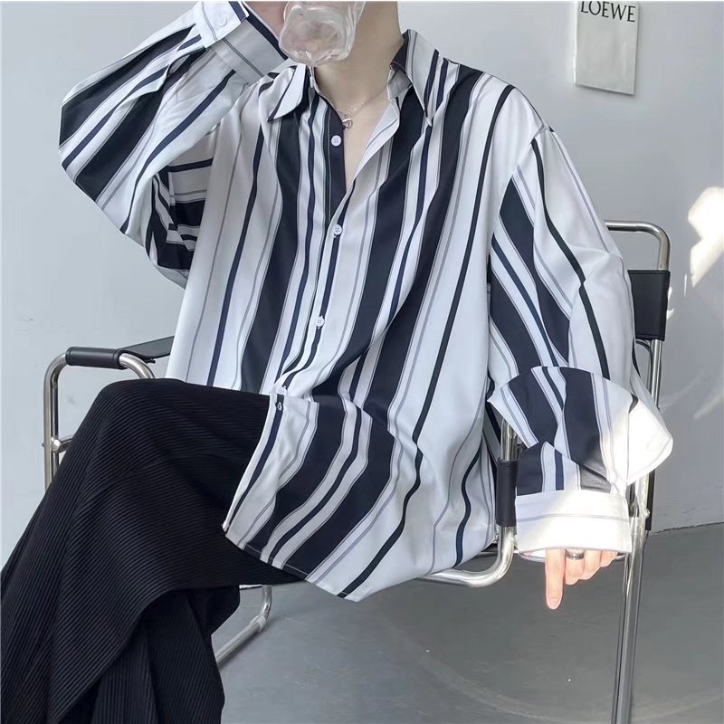 Áo Sơ Mi Dài Tay Dáng Rộng Hoa Văn Kẻ Sọc Phong Cách Retro Hàn Quốc Dành Cho Nam