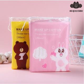 Bông Tẩy Trang SILUBI 200 Miếng Kết Cấu 3 Lớp 100% Cotton Tự Nhiên, Dày, Mềm - Thiết Kế Gấu Brown, Thỏ Cony Siêu Cưng