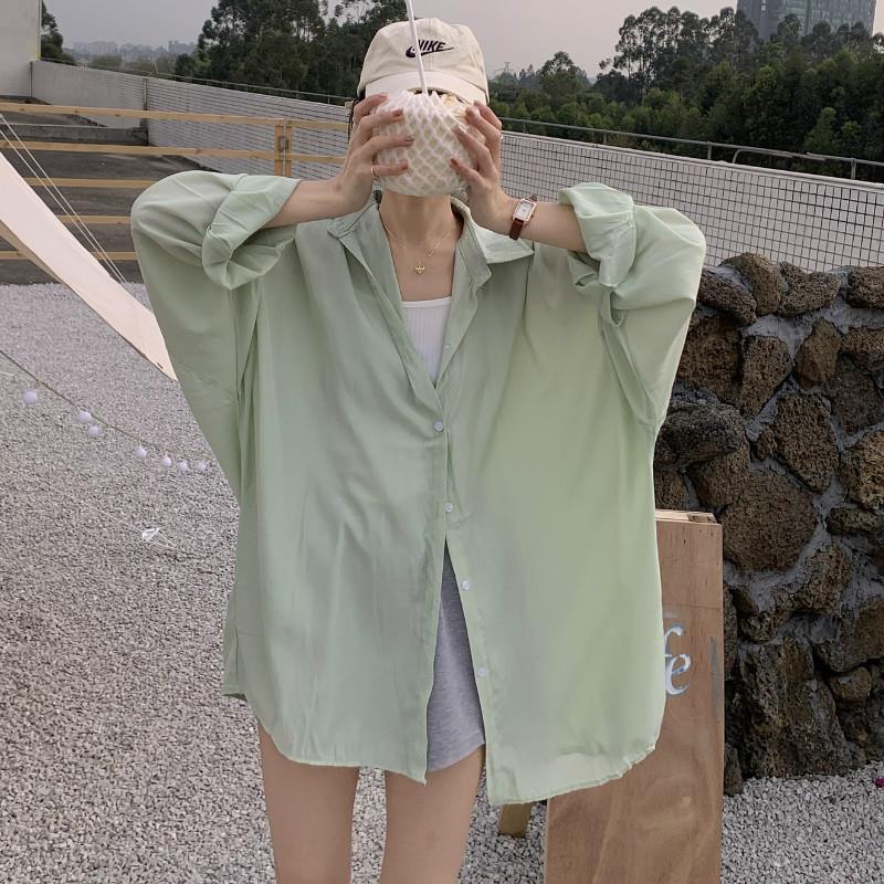 Áo Sơ Mi Vải Lụa Lạnh Mỏng Tay Dài Dáng Rộng Chống Nắng Thời Trang Mùa Hè Cho Nữ