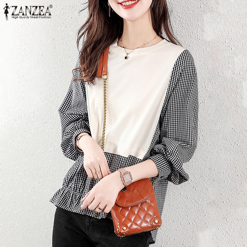 Áo ZANZEA tay dài cổ tròn họa tiết kẻ sọc retro thời trang dành cho nữ