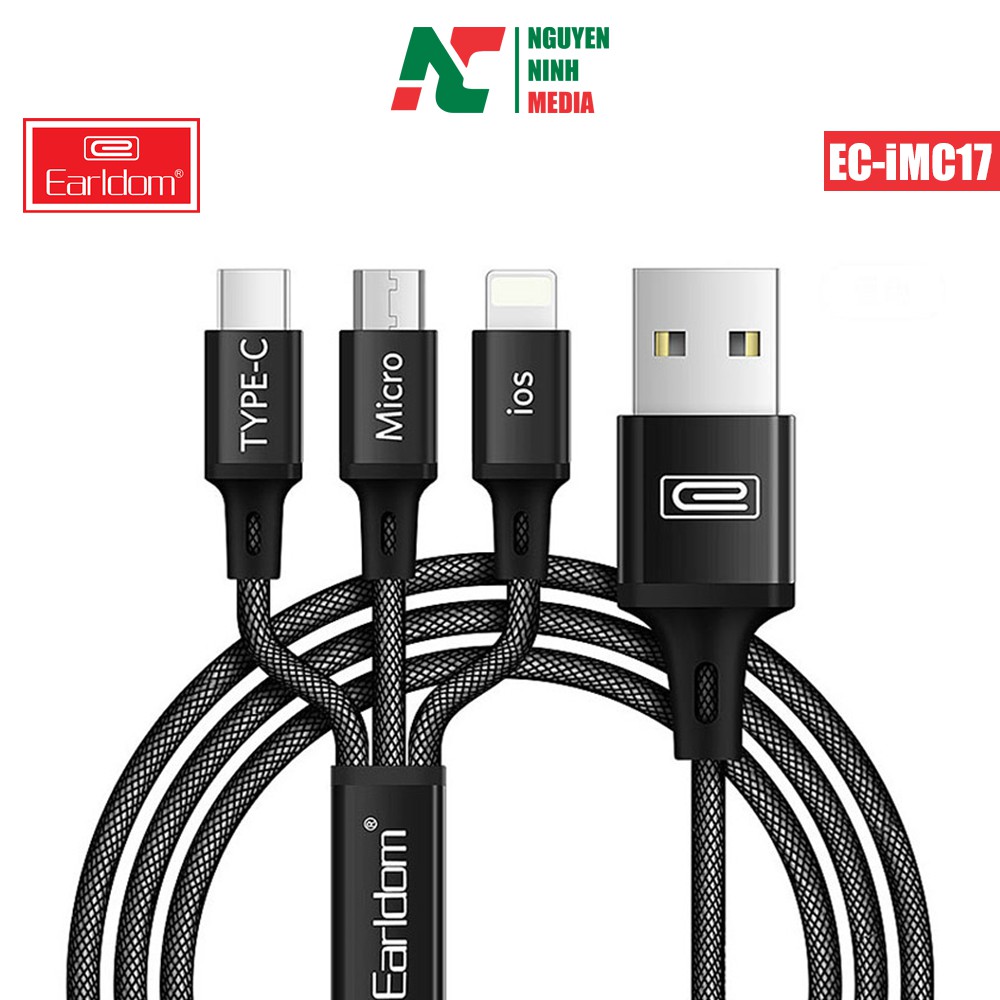 Cáp Sạc Đa Năng 3in1 Earldom EC-iMC17 (Micro-USB + Lightning + TypeC) - Dây bọc dù hỗ trợ sạc nhanh