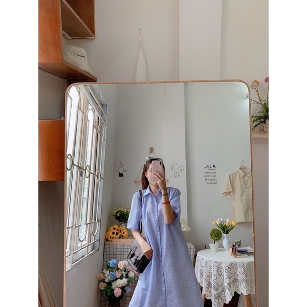 [Ảnh thật/Video]Đầm sơ mi kẻ cộc tay basic dáng dài Hàn Quốc  Váy sơ mi phong cách ulzaang