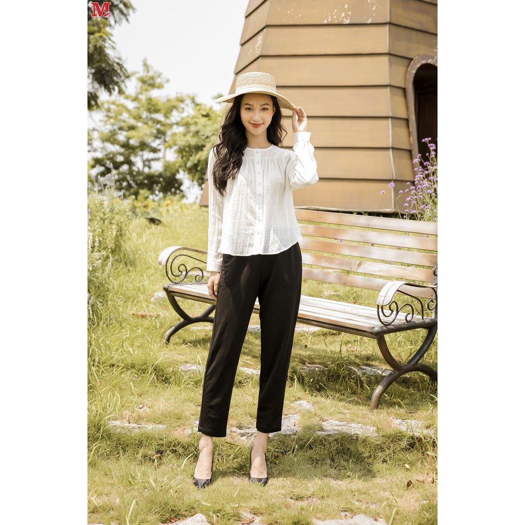 Áo sơ mi nữ dài tay cổ tròn dúm ngực DFM0104 Thời trang M2