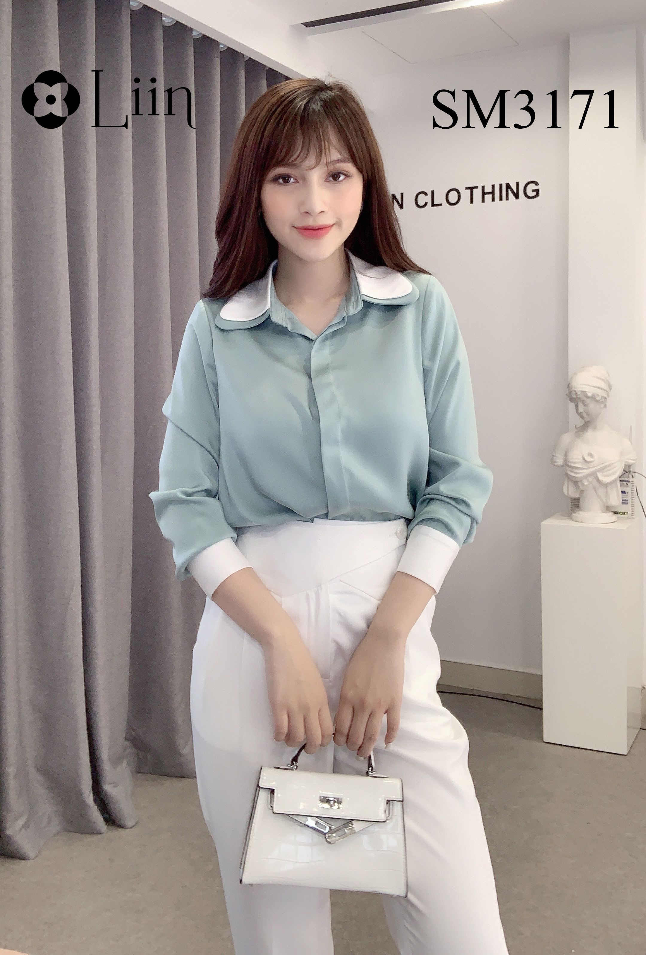 Áo sơ mi nữ màu Xanh thiết kế Cổ 2 Lớp kết hợp viền trắng thời trang Liin Clothing SM3171