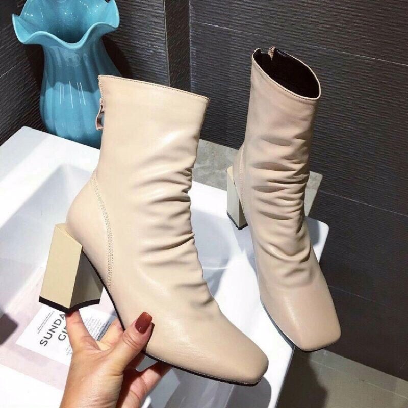 [Hot trend] Boots thời trangI Bốt cao cổ nhúm gót vuông 7p da Lì hàng đẹp