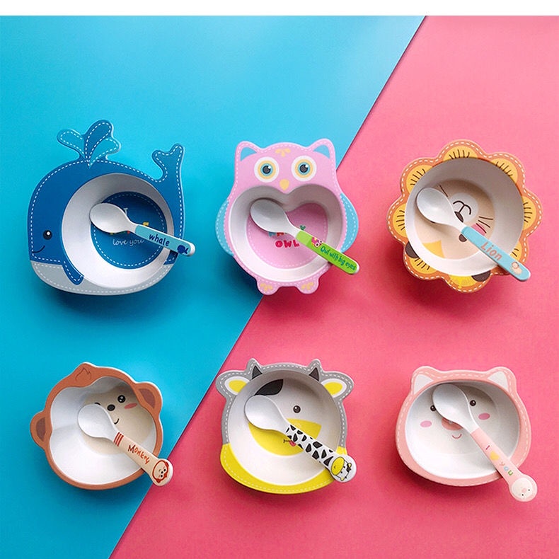 Hàng Mới Về Mới Set Bát Ăn + Muỗng + Bát Ăn Bằng Sợi Tre Có Giác Hút Chống Bỏng Cho Bé