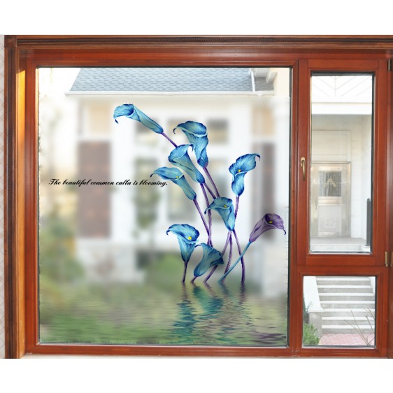Decal trang trí kính cao cấp Hoa loa Kèn xanh ( 60cm x 58cm )