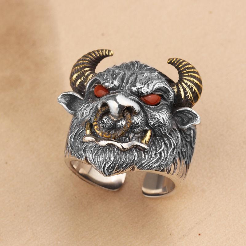 Cổ Điển Nam Cá Tính Độc Đoán Đầu Bò Nhẫn Xu Hướng Thời Trang Bull Magic Nhẫn Mở Có Thể Điều Chỉnh Kích Thước Goth Punk Trang Sức