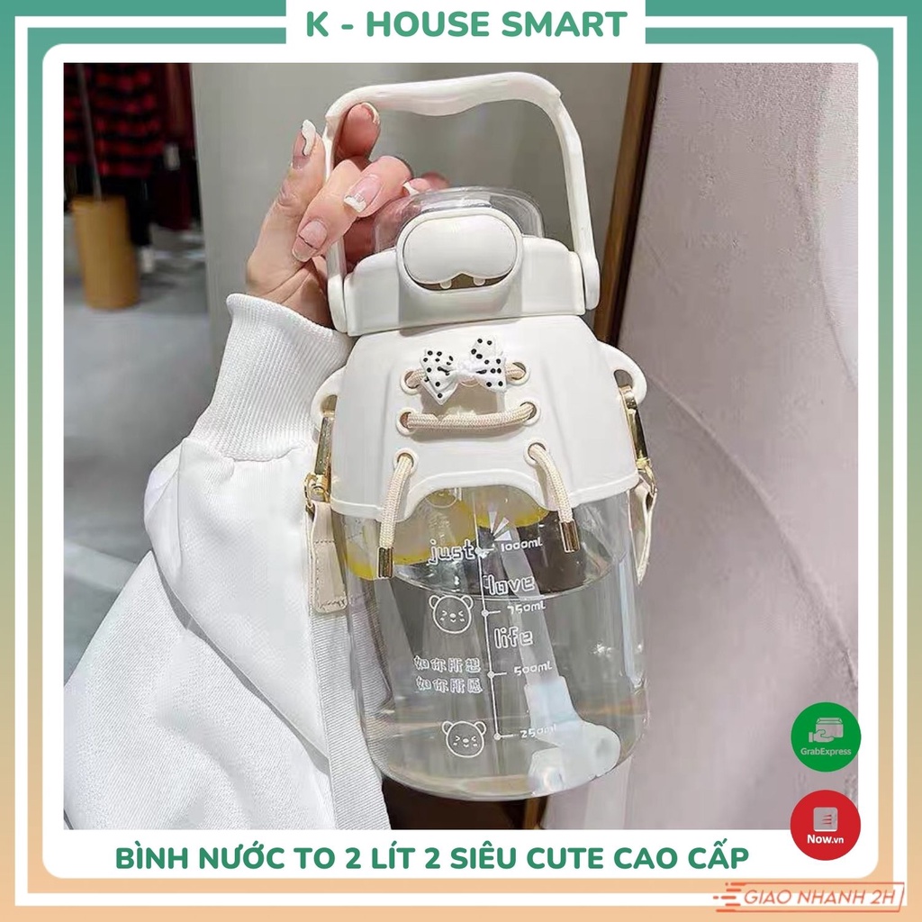 Bình nước 2 lít 2 cute và 1l nhựa đi học cao cấp tặng kèm sicker và dây đeo bền đẹp chắc chắn K-House Smart