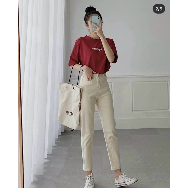 Set pull đỏ in chữ + quần kaki nude