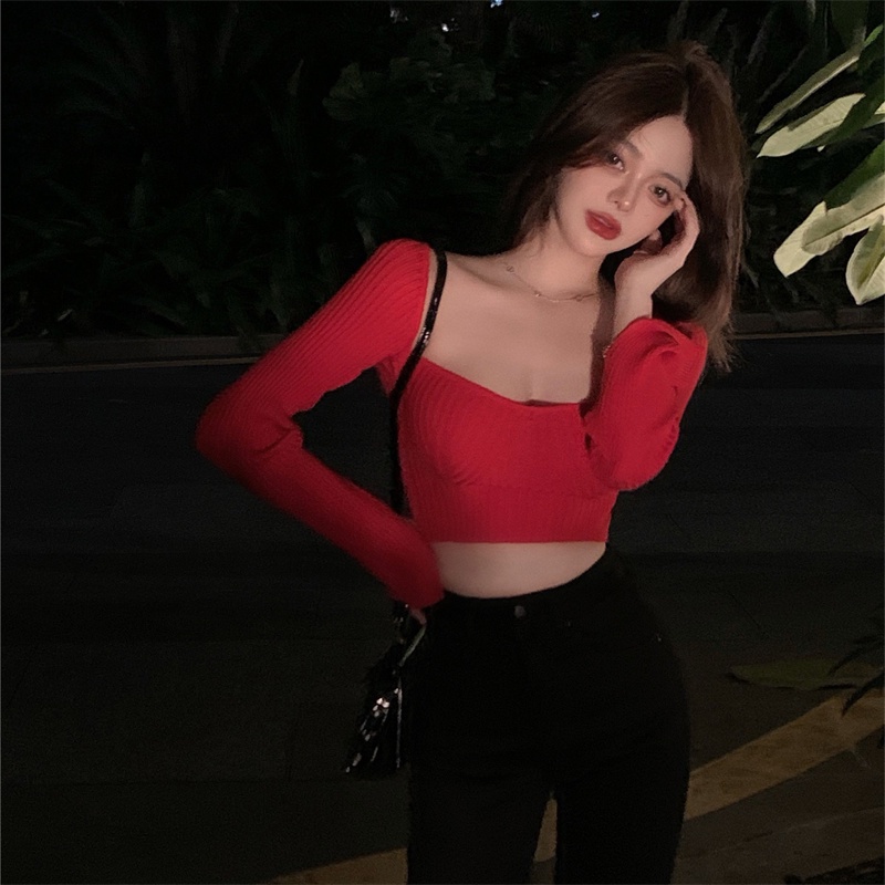 QKOOLE  Áo Croptop Dệt Kim Tay Dài Cổ Vuông Màu Sắc Đơn Giản Phong Cách Hàn Quốc Cho Nữ