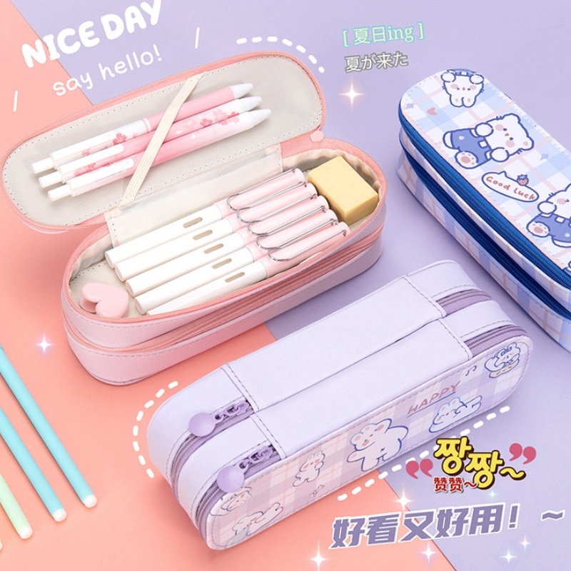 Túi Đựng Bút Hai Ngăn Sức Chứa Lớn Màu Hồng Dễ Thương Sáng Tạo Dành Cho Nữ Sinh