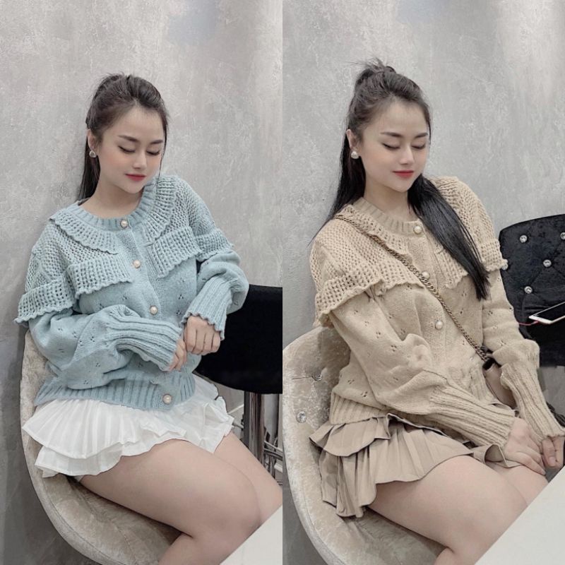 Áo Len Kiểu Ms.2035, Dáng Suông Dài Tay, Chất Len Đan Phối Cúc Ngọc Sang Chảnh