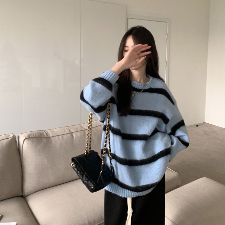 Áo sweater Dệt Kim Cổ Tròn Kẻ Sọc Màu Sắc Phong Cách Nhật Bản Thời Trang Thu Đông Cho Nữ
