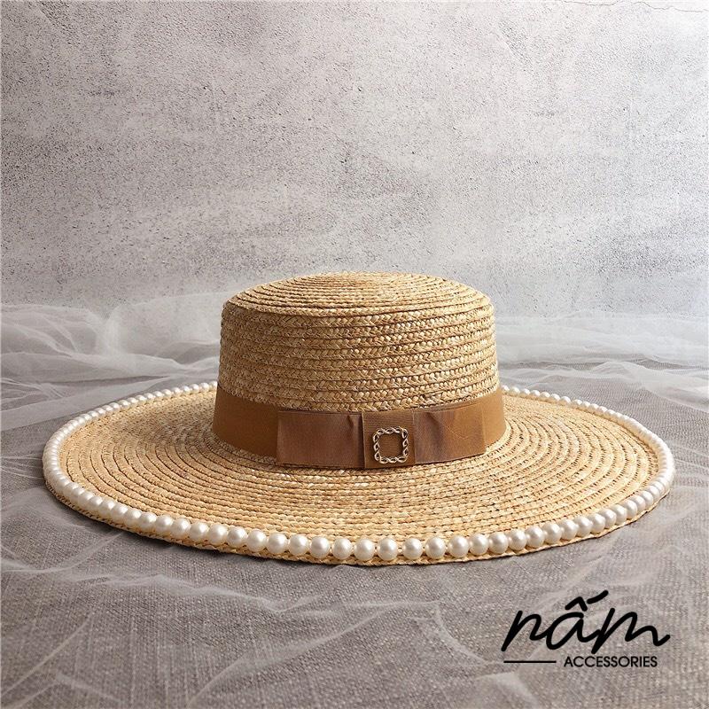 Mũ cói đai vải đầu bằng vành rộng viền ngọc cho nữ M117