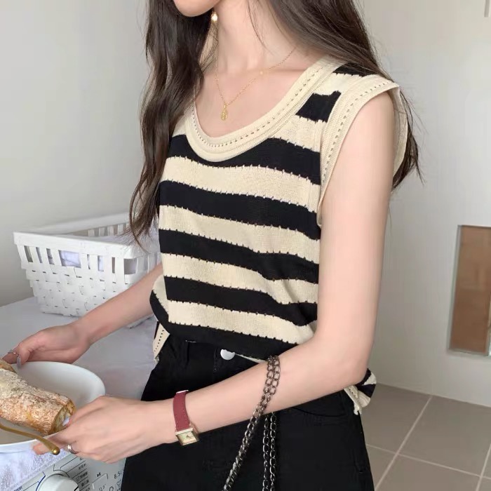 Áo thun mongtoghi nữ, Áo ba lỗ len dệt kim kiểu cổ tròn ngắn tay kẻ sọc ngang hàng đẹp Quảng Châu cao cấp