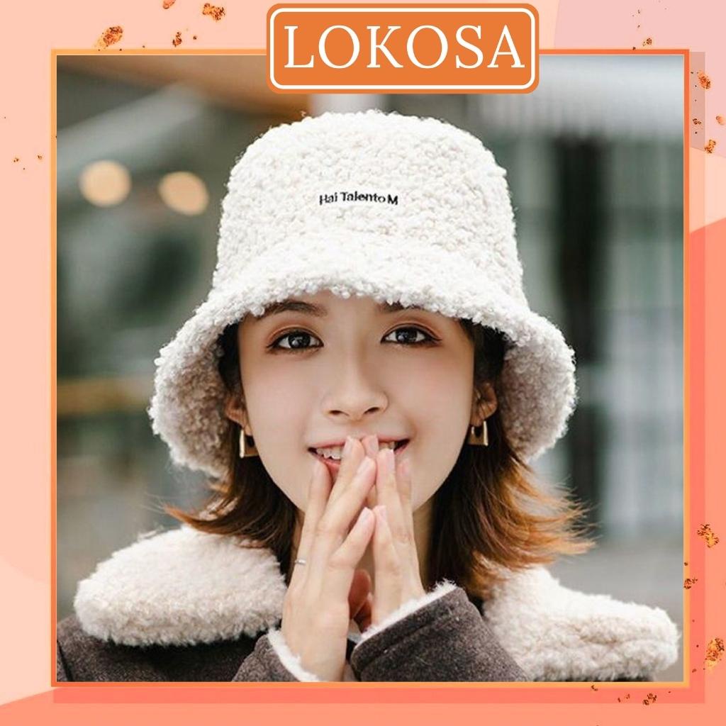 Mũ Bucket Lông Cừu LOKOSA Nón tai bèo retro phong cách Hàn Quốc giữ ấm thu đông nam nữ NO002