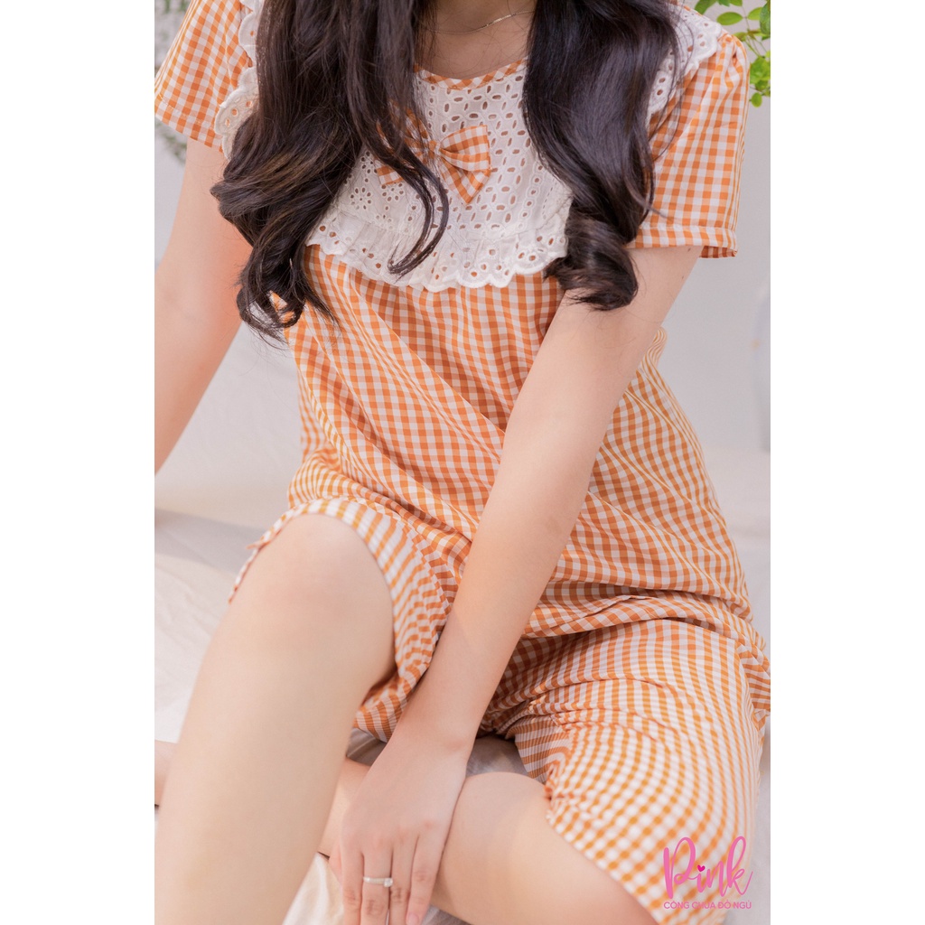Pijama Ngủ Caro Màu Cam Tay Ngắn Vải Kate Siêu Cấp Đồ Ngủ Nữ Thoáng Mát Phong Cách Trẻ Trung Thanh Lịch Nữ Tính