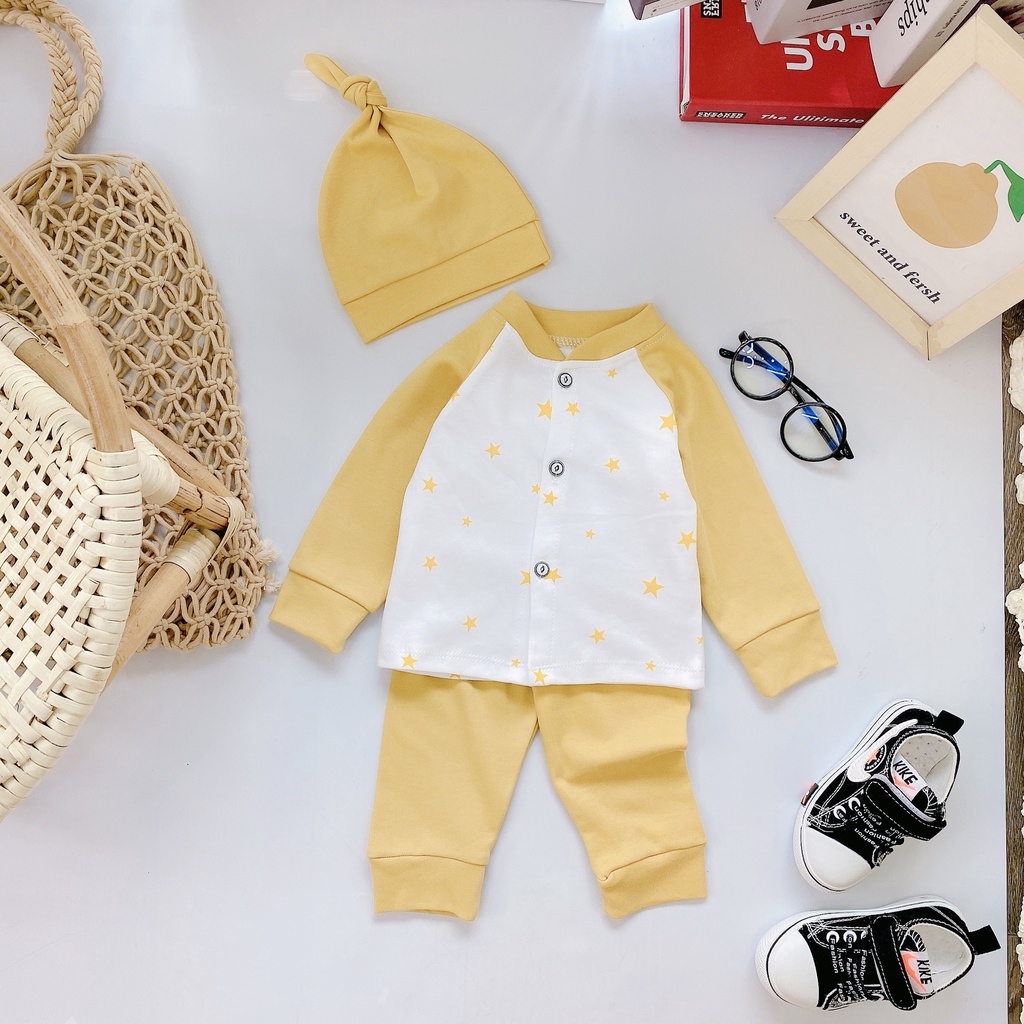 Bộ nỉ sơ sinh cho bé họa tiết kèm mũ thắt nút cực xinh cho bé trai, bé gái
