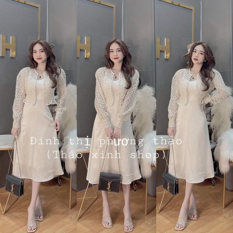 Set váy 2s lụa kèm áo khoác hoa nude