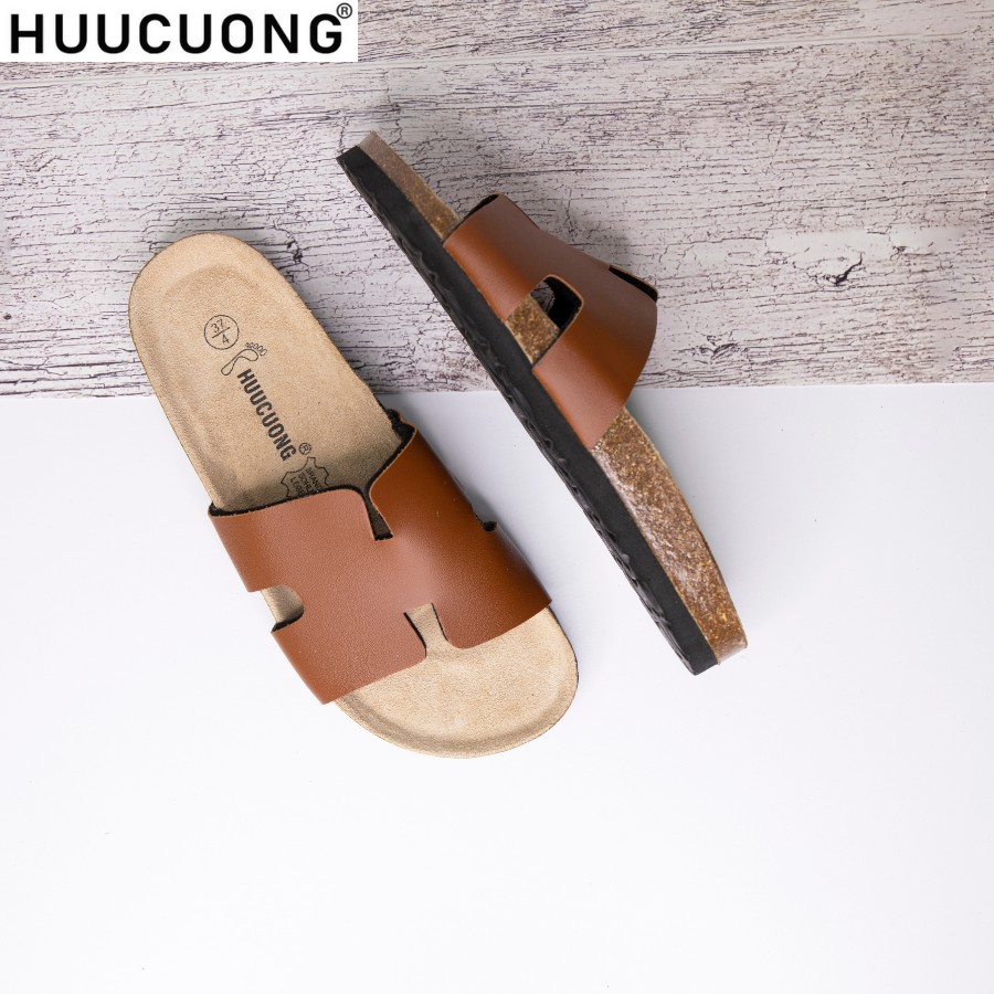 Dép unisex HUUCUONG chữ H pu nâu đế trấu