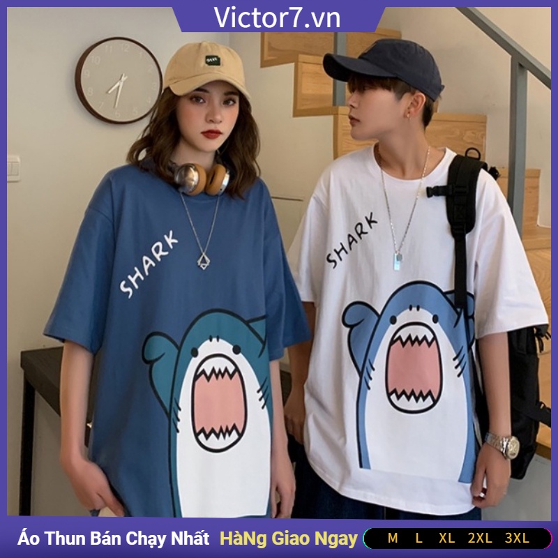 Áo Thun Tay Ngắn Dáng Rộng Cỡ Lớn In Hoạt Hình Cá Mập Kiểu Hàn Quốc Thời Trang Mùa Hè Cho Nam Simple áO Thun Unisex GiảN Dị Bigsize Cổ TròN QuầN áO Nam
