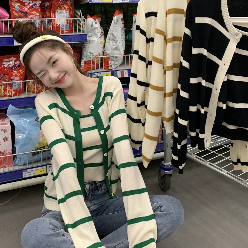 Áo cardigan ZHELIHANGFEI dệt kim lưng cao họa tiết kẻ sọc trẻ trung