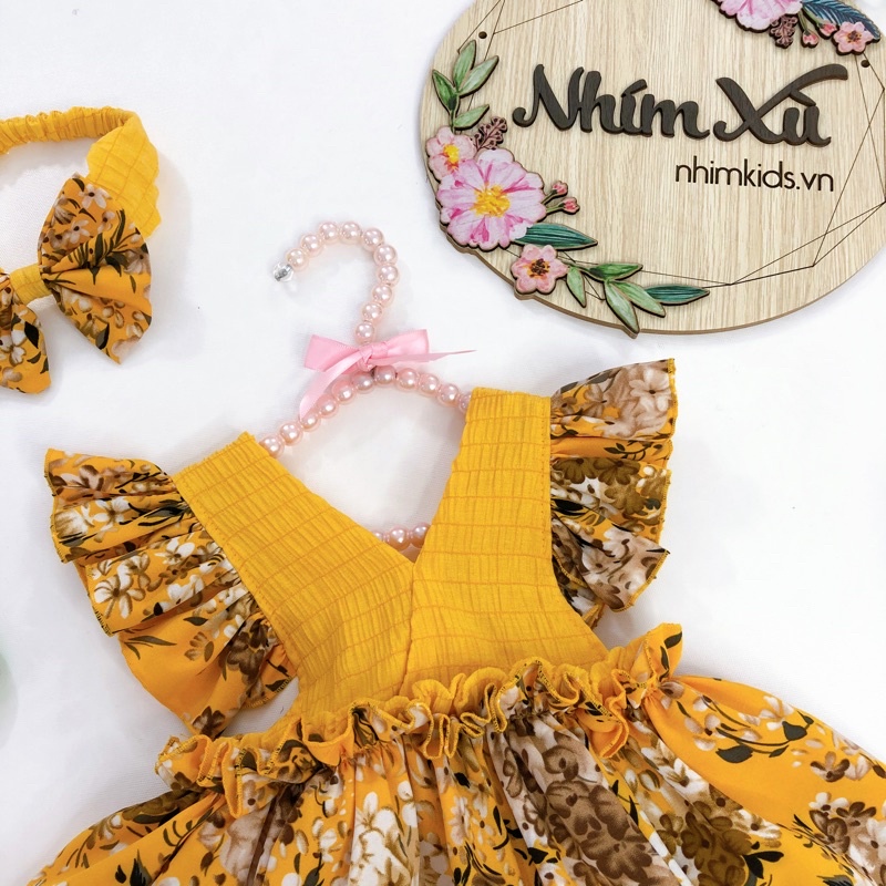 Body váy hoa vàng vải lụa kết hợp đũi xốp cho bé (3-12kg)