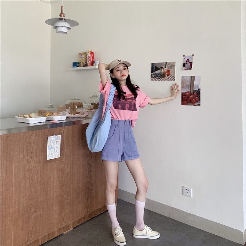 Quần short denim chữ A cạp cao thời trang mùa hè cho nữ