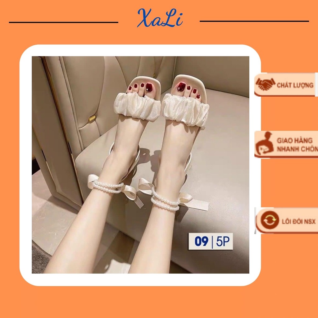 Giày Xăng Đan Cao Gót Nữ XALI Nhúng Ren Cột Nơ Quai Dây Ngọc Đế Vuông 6cm Thắt Nơ Lua Sau Gót Xinh Công Chúa-CGTN1