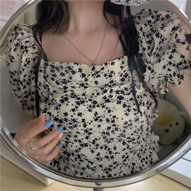 Áo chiffon in hoa tay ngắn trễ vai cho nữ