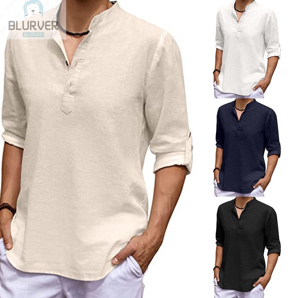 BLURVER~Fashion New Men Cotton Linen Plain Long Sleeve T-Shirt Casual Loose V Neck Tops#blueriver