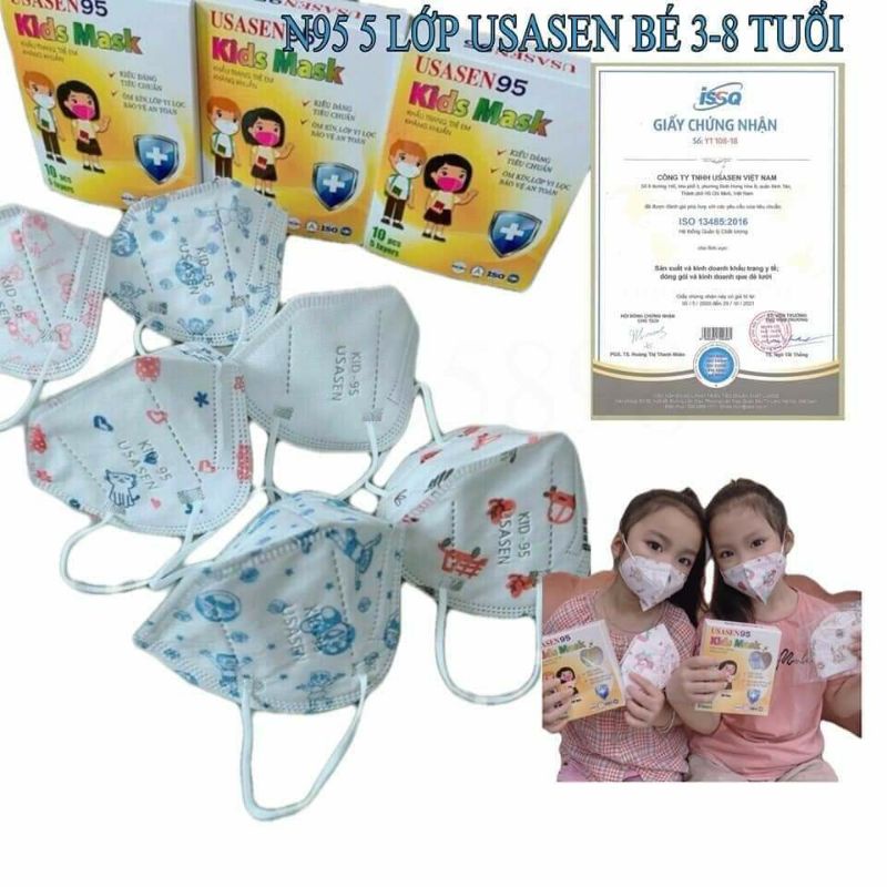[Hộp 10 cái] Khẩu trang N95 Trẻ Em Usasen 5 lớp, kháng khuẩn bảo vệ tuyệt đối, đối lưu khí phù hợp bé 3- 8 tuổi