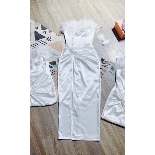 Đầm maxi body cúp lông xẻ đùi siêu xinh TRIPBLE T DRESS - Free size dưới 54kg