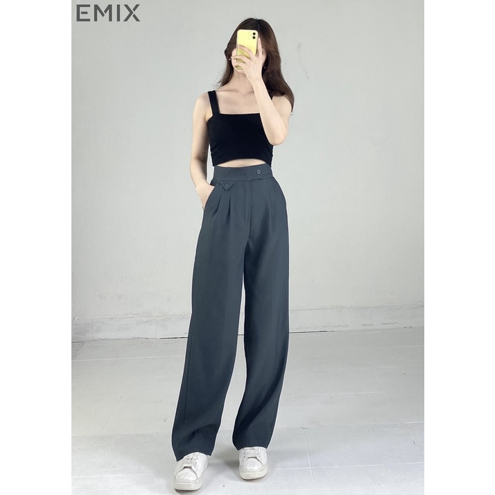 Quần suông cạp túi tam giác EMIX (4 màu), khóa cúc, dáng suông dài, form rộng, cạp cao, khóa giữa, chất ruby 255