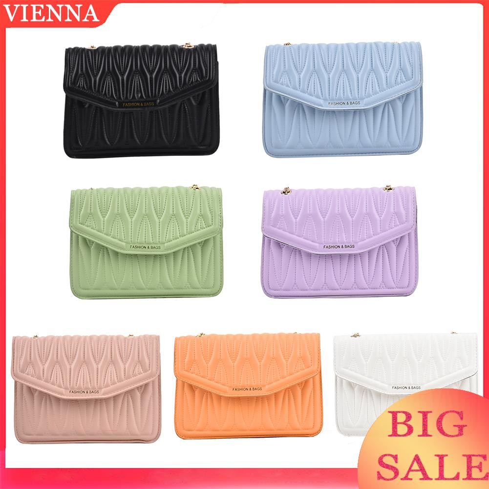 Vintage Women PU Pleated Pattern Crossbody Bag Casual Chain Shoulder Bags