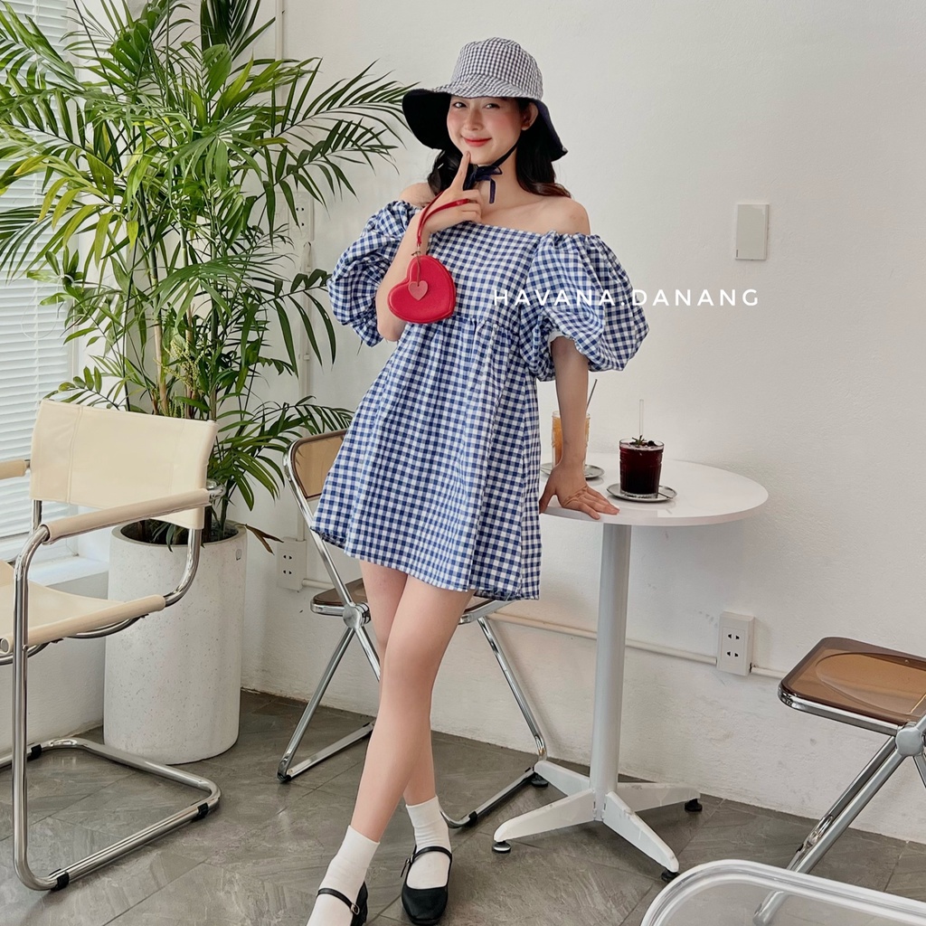 Váy babydoll caro trễ vai, babydoll tay phồng bo chun co giãn | BigBuy360 - bigbuy360.vn