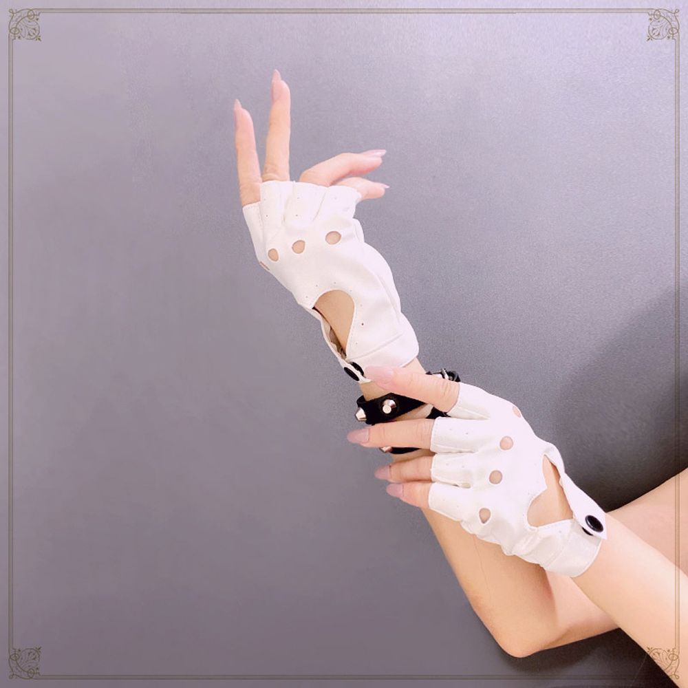 Găng tay hở ngón bằng da PU in họa tiết hoạt hình phong cách hiphop Hàn Quốc cho nữ
