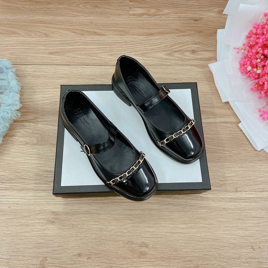 Giày búp bê nữ chất da bóng phối xích xinh xắn mã K01