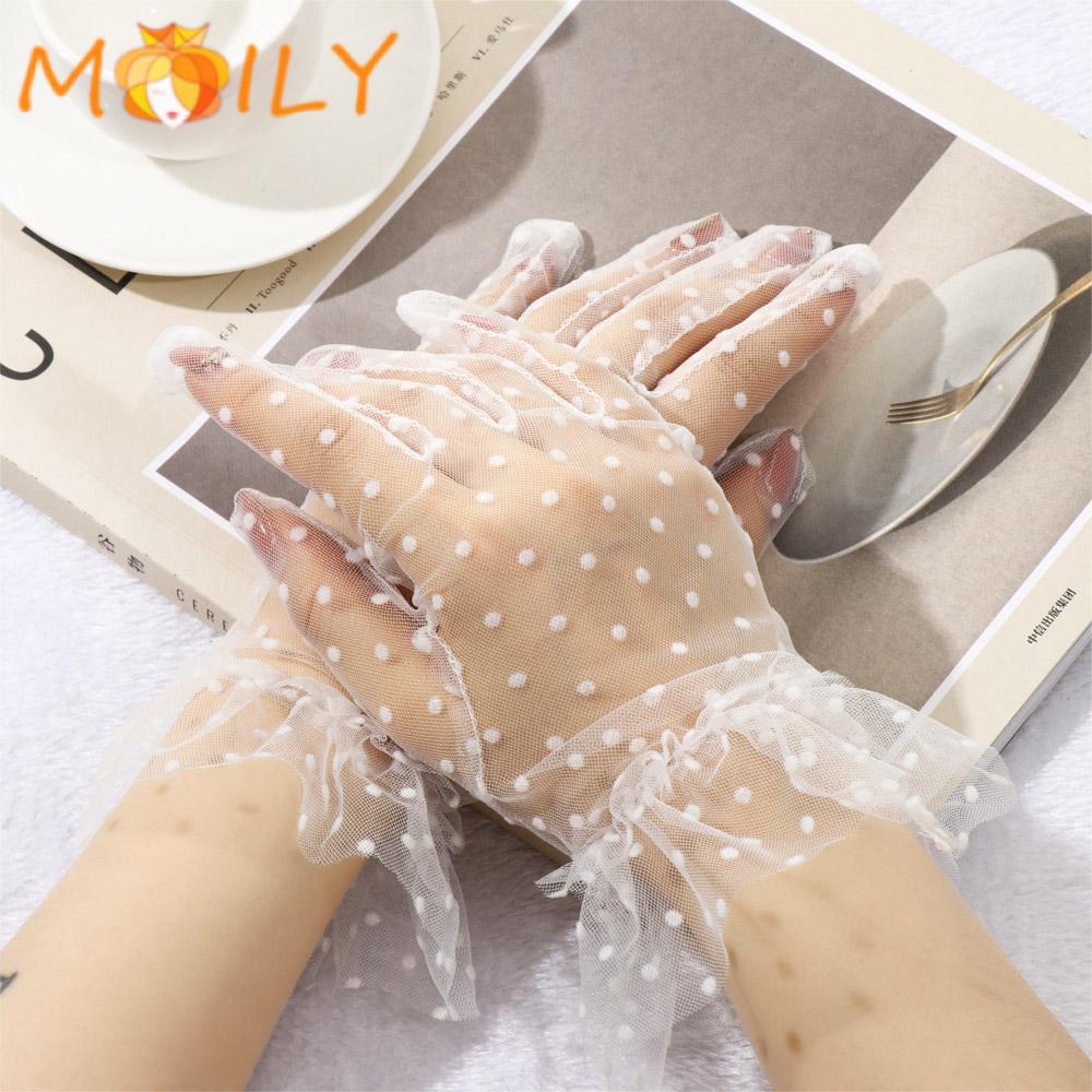 MOILY Sunscreen Tulle Gloves Elastic Dot Printing Mesh Mittens Lotus Leaf Women Sexy Transparentes Full Finger/Multicolor