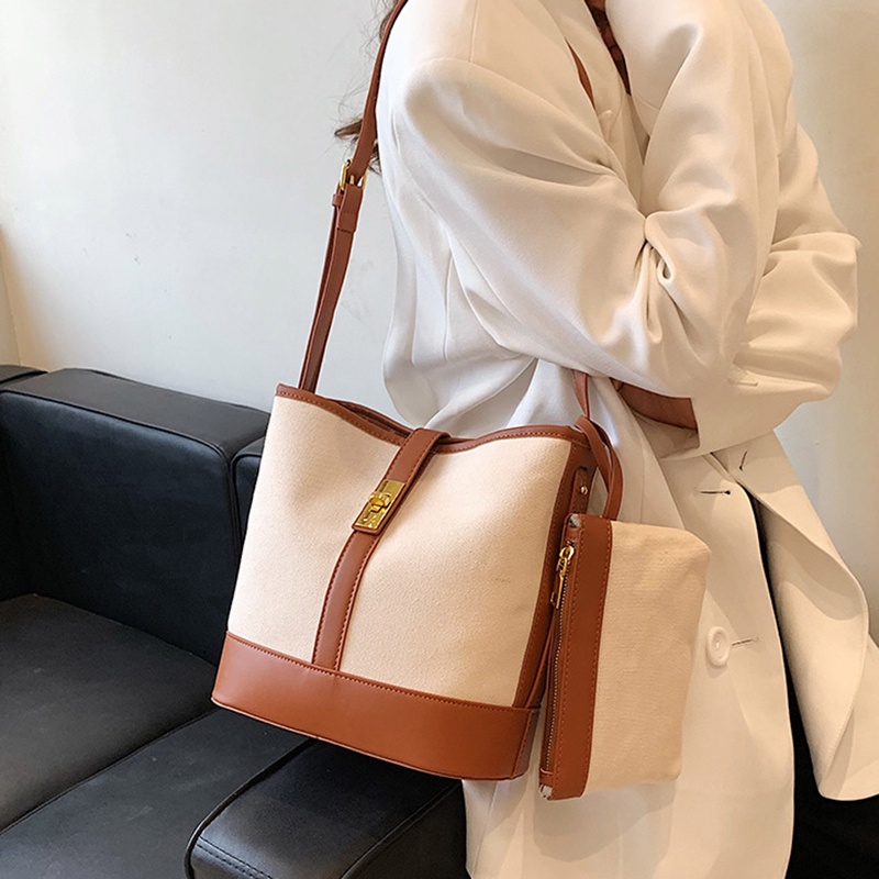 IELGY Women's Casual Colorblock Canvas Messenger Bucket Bag